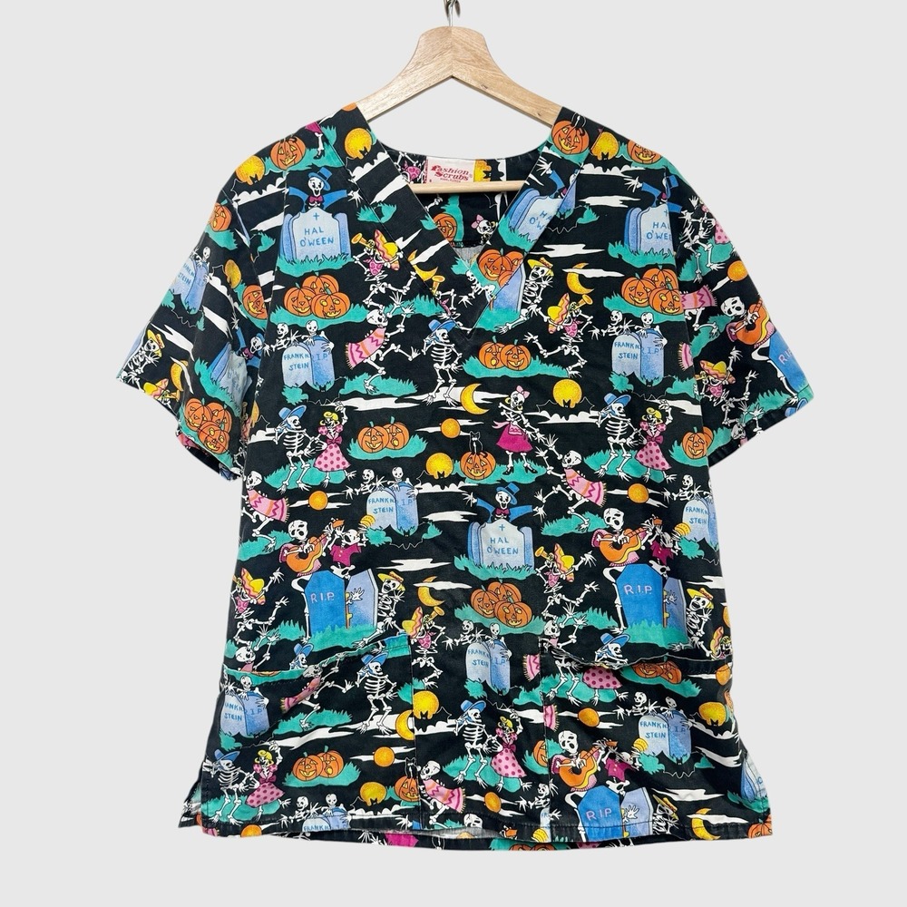 Womens Small Vintage Halloween Scrub Top Skeleton Graveyard Dia De Los Muertos